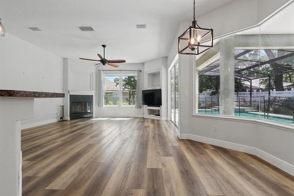 Empty room, Fireplace, Interior, Pendant Lights, Wood Texture Flooring