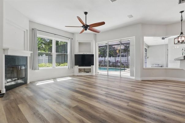 Empty room, Fireplace, Interior, Pendant Lights, Wood Texture Flooring