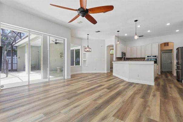Interior, Kitchen, Pendant Lights, Recessed Lighting, Stainless Steel Appliances, Wood Texture Flooring