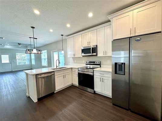 Interior, Kitchen, Pendant Lights, Recessed Lighting, Stainless Steel Appliances, Wood Texture Flooring