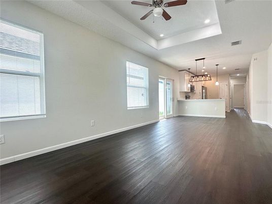 Empty room, Interior, Kitchen, Pendant Lights, Recessed Lighting, Wood Texture Flooring