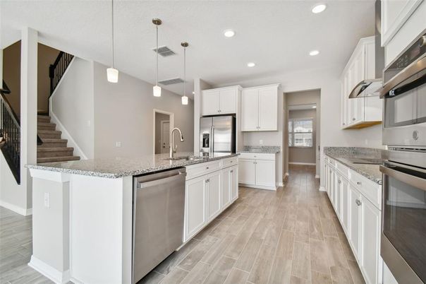Interior, Kitchen, Pendant Lights, Recessed Lighting, Stainless Steel Appliances, Wood Texture Flooring