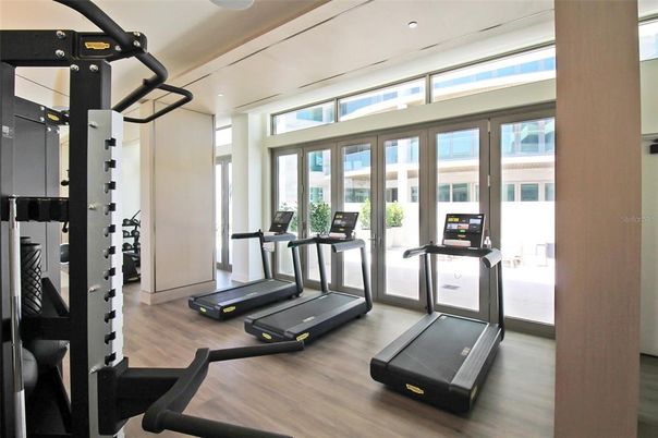 Fitness Equipment, Gym, Interior, Recessed Lighting, Wood Texture Flooring