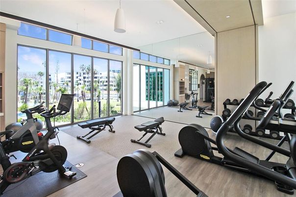 Fitness Equipment, Gym, Interior, Pendant Lights, Recessed Lighting, Wood Texture Flooring