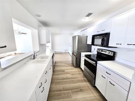 Interior, Kitchen, Recessed Lighting, Wood Texture Flooring