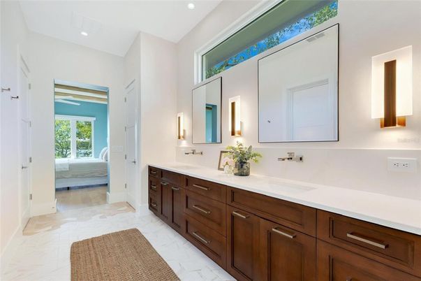 Bathroom, Dual Sink Vanities, Interior, Marble, Recessed Lighting