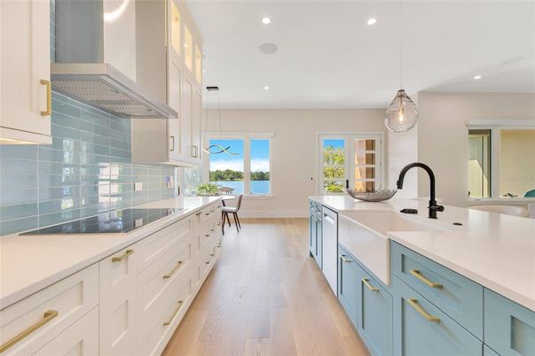 Interior, Kitchen, Pendant Lights, Recessed Lighting, Water, Wood Texture Flooring