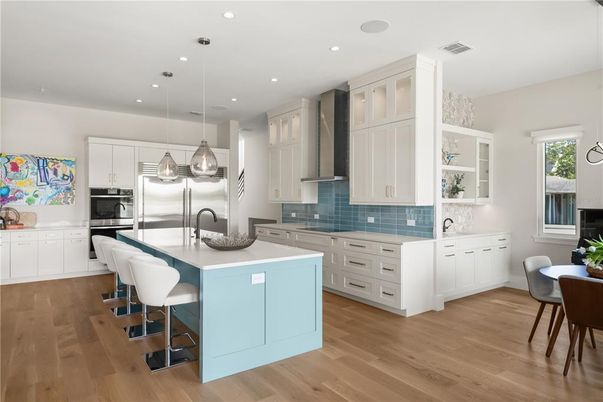 Interior, Kitchen, Pendant Lights, Recessed Lighting, Stainless Steel Appliances, Wood Texture Flooring