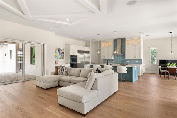 Dining room, Interior, Kitchen, Living room, Pendant Lights, Recessed Lighting, Stainless Steel Appliances, Wood Texture Flooring