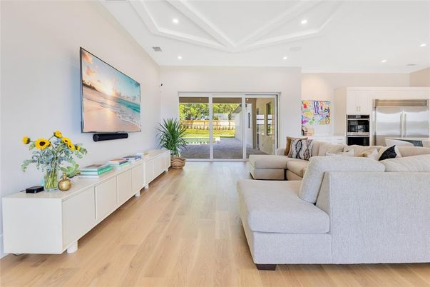 Interior, Kitchen, Living room, Recessed Lighting, Stainless Steel Appliances, Wood Texture Flooring