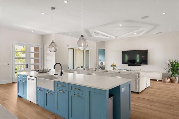 Interior, Kitchen, Living room, Pendant Lights, Recessed Lighting, Stainless Steel Appliances, Wood Texture Flooring