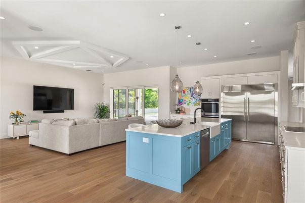 Interior, Kitchen, Living room, Pendant Lights, Recessed Lighting, Stainless Steel Appliances, Wood Texture Flooring