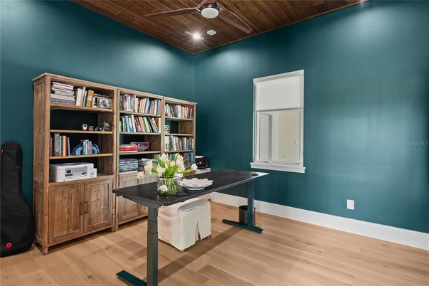 Home Office, Interior, Recessed Lighting, Wooden Ceilings, Wood Texture Flooring