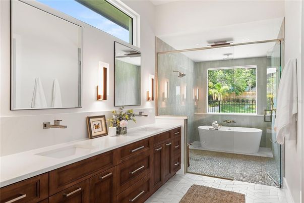 Bathroom, Dual Sink Vanities, Free Standing Baths, Glass Shower, Interior, Marble, Recessed Lighting