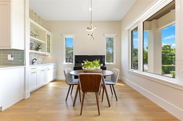Dining room, Interior, Pendant Lights, Wood Texture Flooring