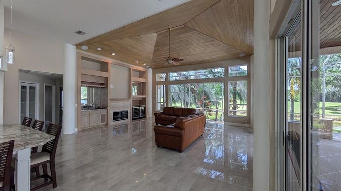 Fireplace, Interior, Living room, Pendant Lights, Recessed Lighting, Wooden Ceilings