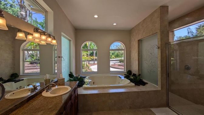 Bathroom, Dual Sink Vanities, Glass Shower, Interior, Recessed Lighting