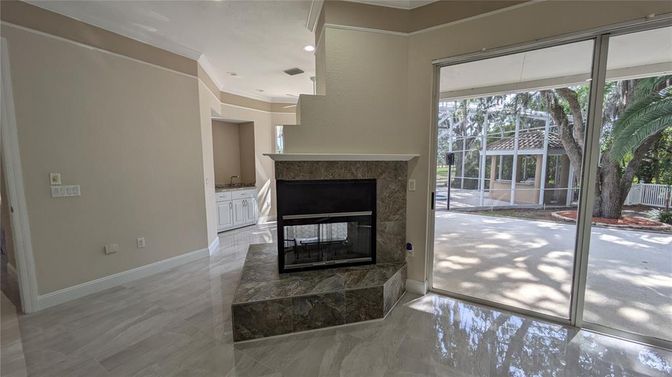 Empty room, Fireplace, Interior, Recessed Lighting, Wood Texture Flooring