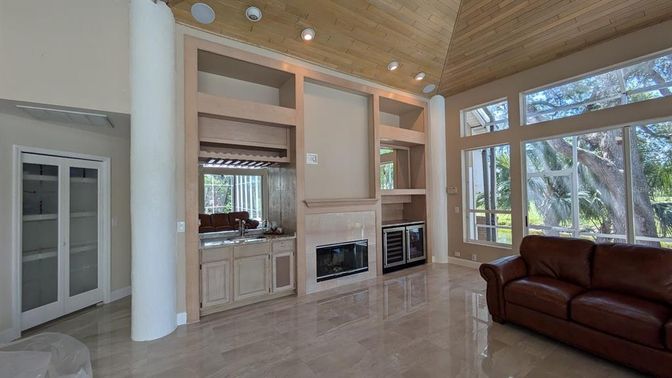 Fireplace, Interior, Recessed Lighting, Wooden Ceilings