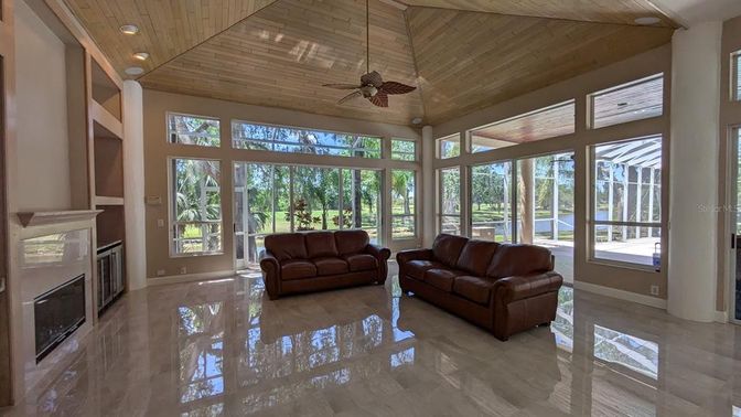 Fireplace, Interior, Living room, Recessed Lighting, Wooden Ceilings