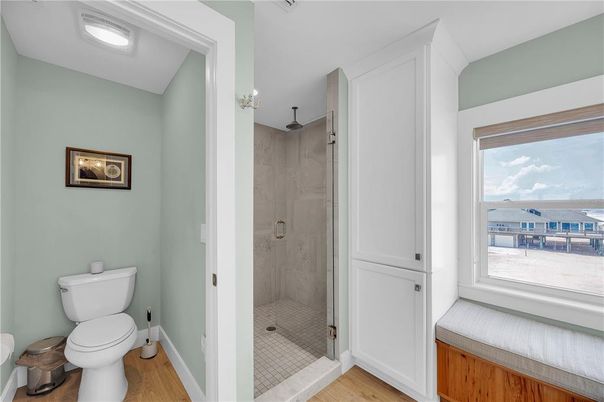 Bathroom, Glass Shower, Interior, Wood Texture Flooring