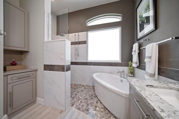 Bathroom, Dual Sink Vanities, Free Standing Baths, Interior, Marble Walls