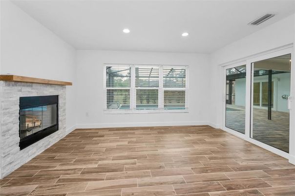 Empty room, Fireplace, Interior, Recessed Lighting, Wood Texture Flooring