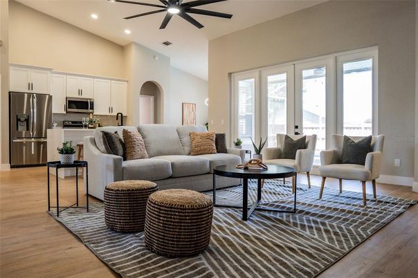 Interior, Kitchen, Living room, Recessed Lighting, Stainless Steel Appliances, Wood Texture Flooring