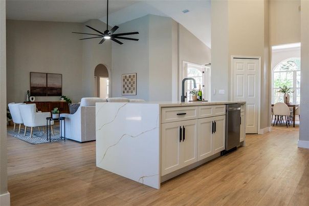 Dining room, Interior, Kitchen, Living room, Pendant Lights, Wood Texture Flooring