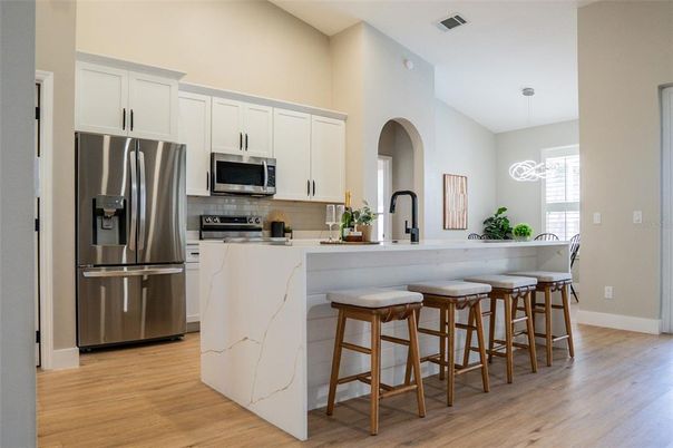 Interior, Kitchen, Pendant Lights, Stainless Steel Appliances, Wood Texture Flooring