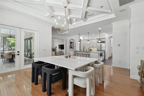 Chandelier, Dining room, Interior, Kitchen, Recessed Lighting, Wood Texture Flooring