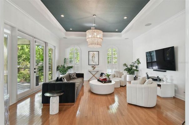 Chandelier, Interior, Living room, Recessed Lighting, Wood Texture Flooring