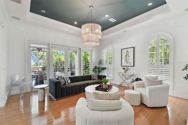 Chandelier, Interior, Living room, Recessed Lighting, Wood Texture Flooring