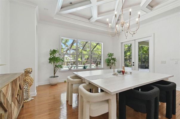 Chandelier, Dining room, Interior, Wood Texture Flooring