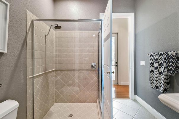 Bathroom, Glass Shower, Interior, Wood Texture Flooring