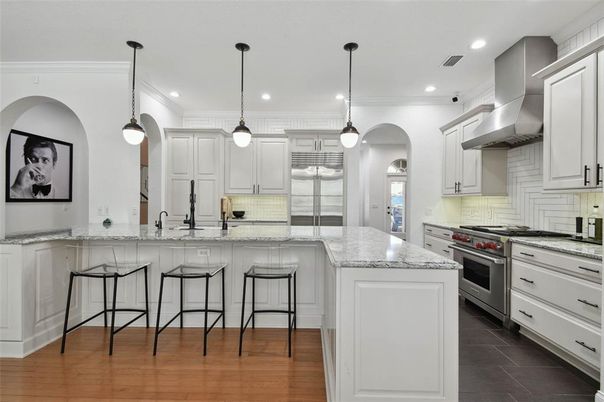 Interior, Kitchen, Pendant Lights, Recessed Lighting, Stainless Steel Appliances, Wood Texture Flooring