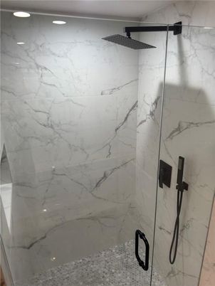 Bathroom, Glass Shower, Interior, Marble Walls, Recessed Lighting