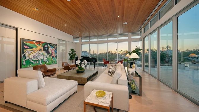 Interior, Living room, Piano, Recessed Lighting, Wooden Ceilings, Wood Texture Flooring