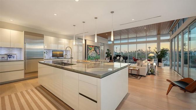 Interior, Kitchen, Living room, Pendant Lights, Recessed Lighting, Stainless Steel Appliances, Wood Texture Flooring