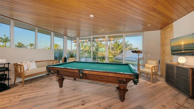 Billiard Table, Game Room, Interior, Pendant Lights, Recessed Lighting, Wooden Ceilings, Wood Texture Flooring