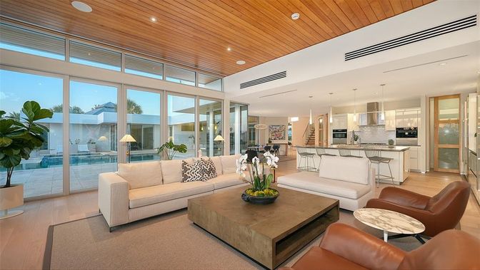 Interior, Kitchen, Living room, Pendant Lights, Recessed Lighting, Stainless Steel Appliances, Wooden Ceilings, Wood Texture Flooring