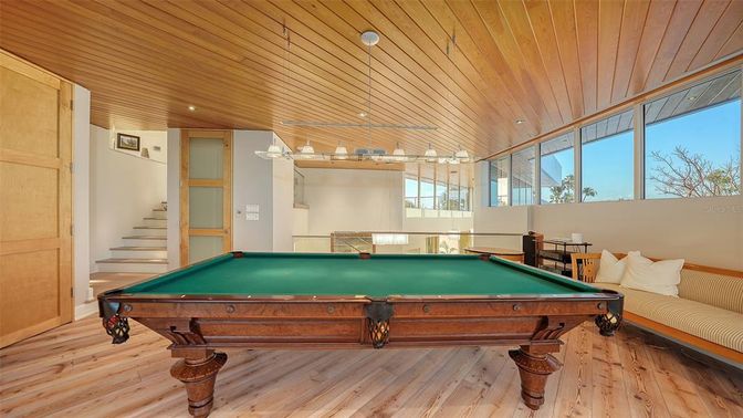 Billiard Table, Game Room, Interior, Recessed Lighting, Wooden Ceilings, Wood Texture Flooring, Wooden Walls