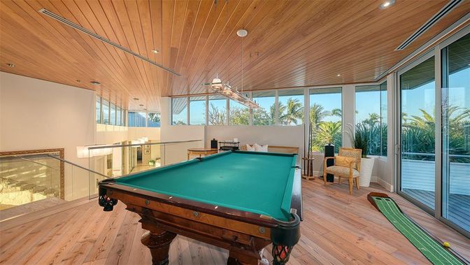 Billiard Table, Game Room, Interior, Recessed Lighting, Wooden Ceilings, Wood Texture Flooring