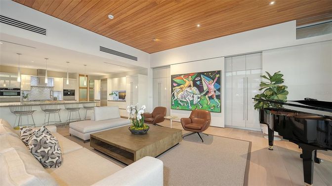 Interior, Kitchen, Living room, Pendant Lights, Piano, Recessed Lighting, Wooden Ceilings, Wood Texture Flooring