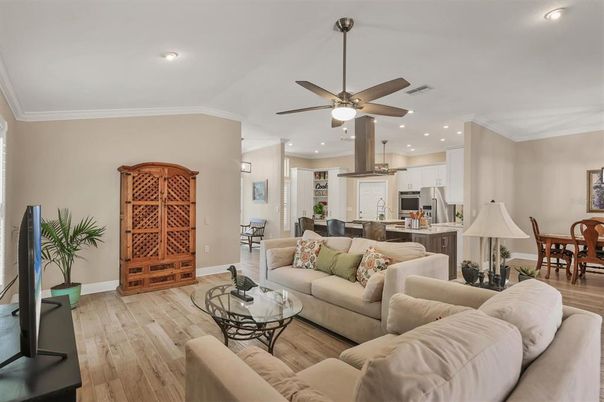 Dining room, Interior, Kitchen, Living room, Recessed Lighting, Stainless Steel Appliances, Wood Texture Flooring