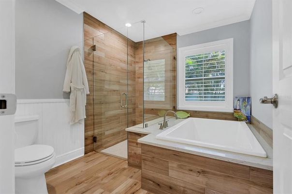 Bathroom, Glass Shower, Interior, Recessed Lighting, Wood Texture Flooring