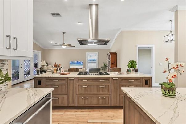 Interior, Kitchen, Pendant Lights, Recessed Lighting, Wood Texture Flooring