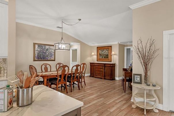 Dining room, Interior, Pendant Lights, Wood Texture Flooring