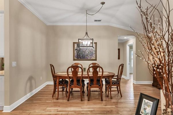 Dining room, Interior, Pendant Lights, Wood Texture Flooring