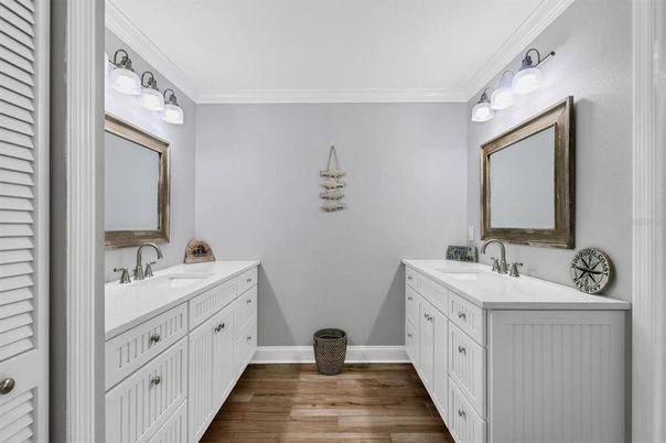 Bathroom, Dual Sink Vanities, Interior, Wood Texture Flooring